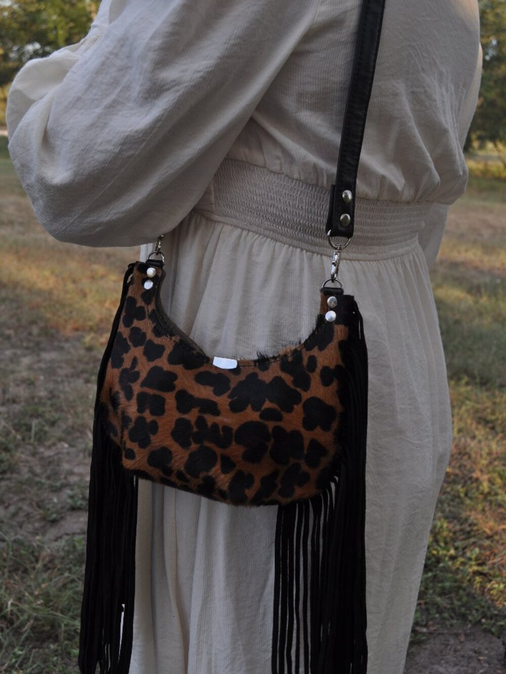 🐆 Black & Brown Leopard Cowhide Fringe Crossbody — $85